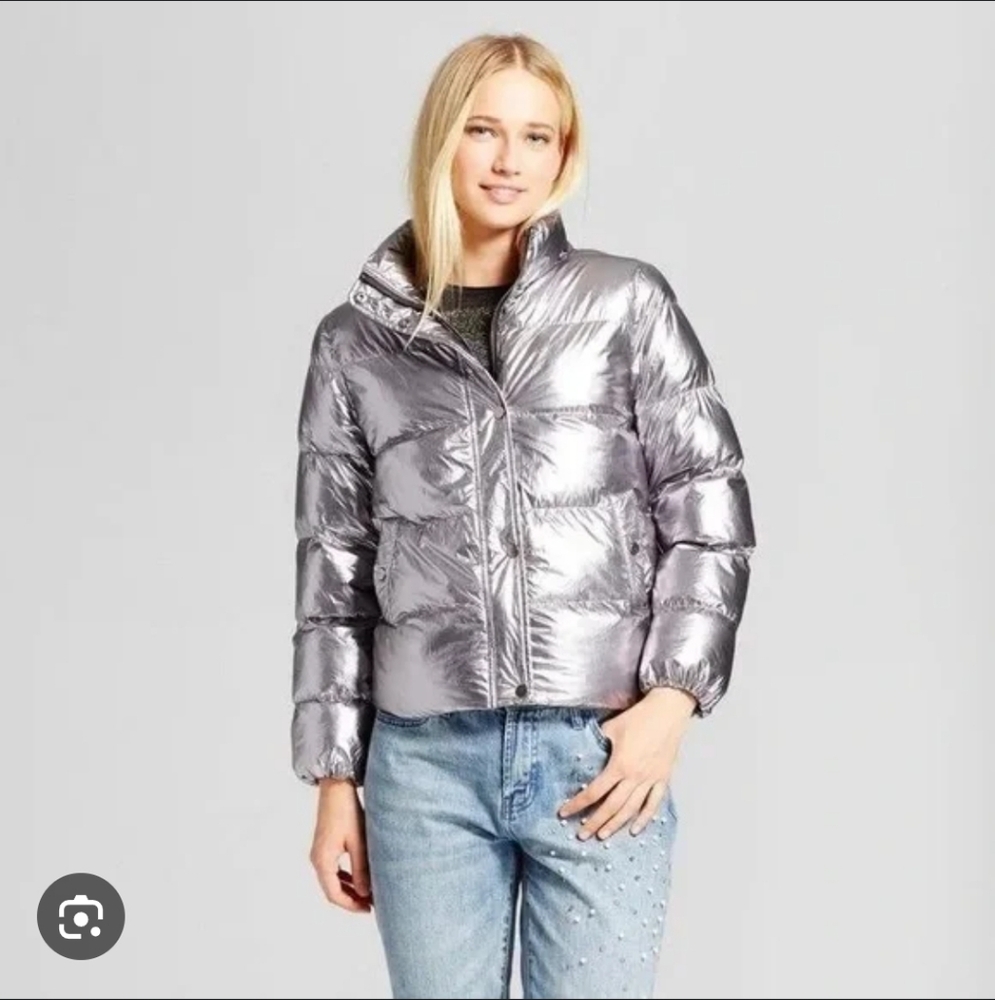 Who What Wear Silver Metallic Puffer Jacket - Size Small
